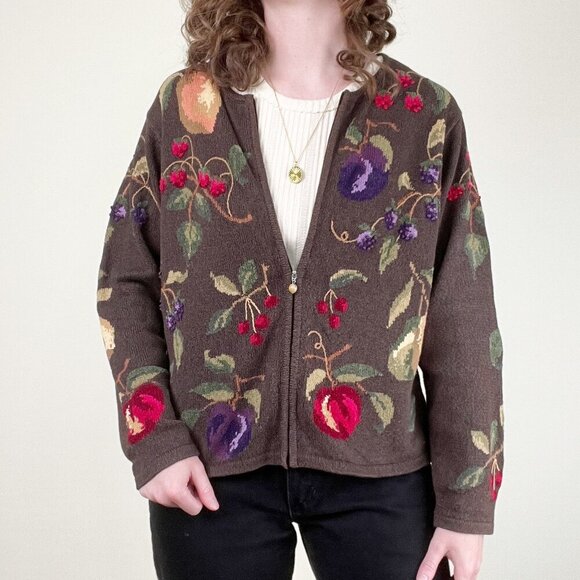 Vintage Sweaters - Vintage Novelty Knit Fruit Cardigan Sweater Silk Cotton Whimsical Cottagecore